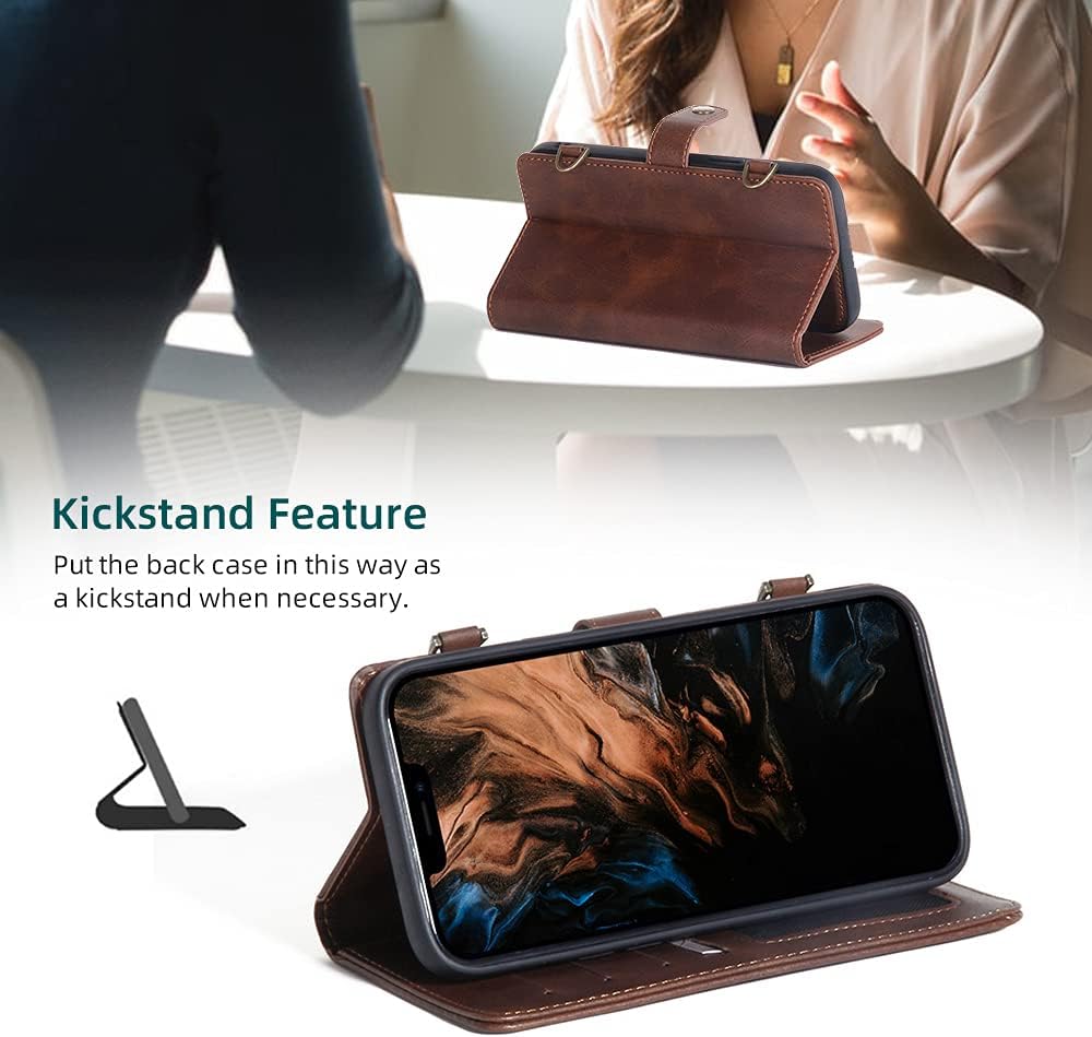 TwoHead for iPhone Wallet Case, Multi-Function Detachable 3 in 1 Magnetic Phone Case Wallet, Flip Strap Zipper Card Holder Phone Case with Shoulder Straps for iPhone