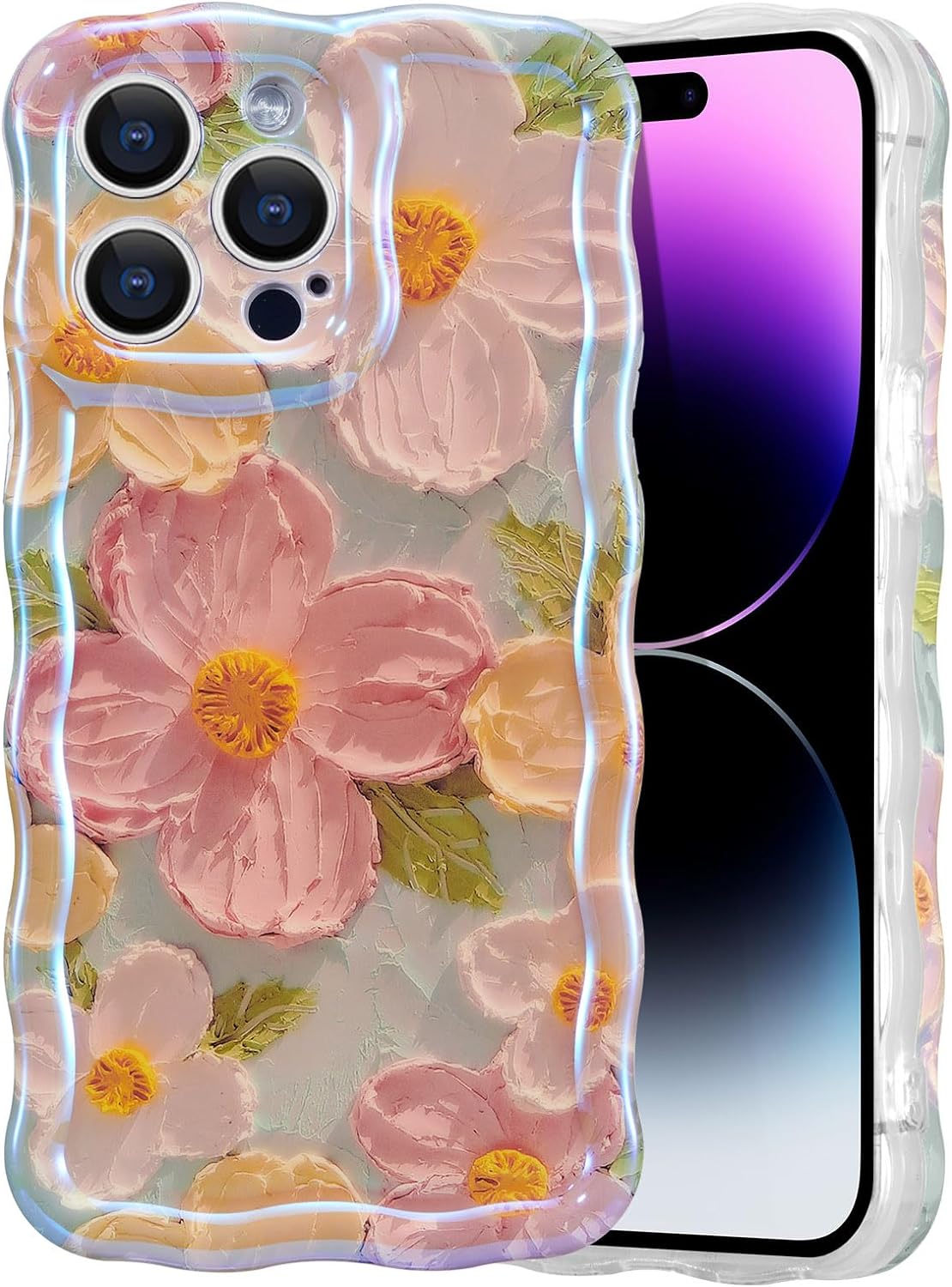 Colorful Retro Oil Painting Printed Flower Laser Glossy Pattern Cute Curly Waves Border Exquisite Phone Cover Case for iPhone