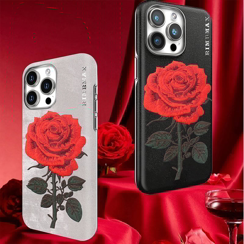 For iPhone Embroidery Phone Case Electroplated Rose Embroidery Leather Case