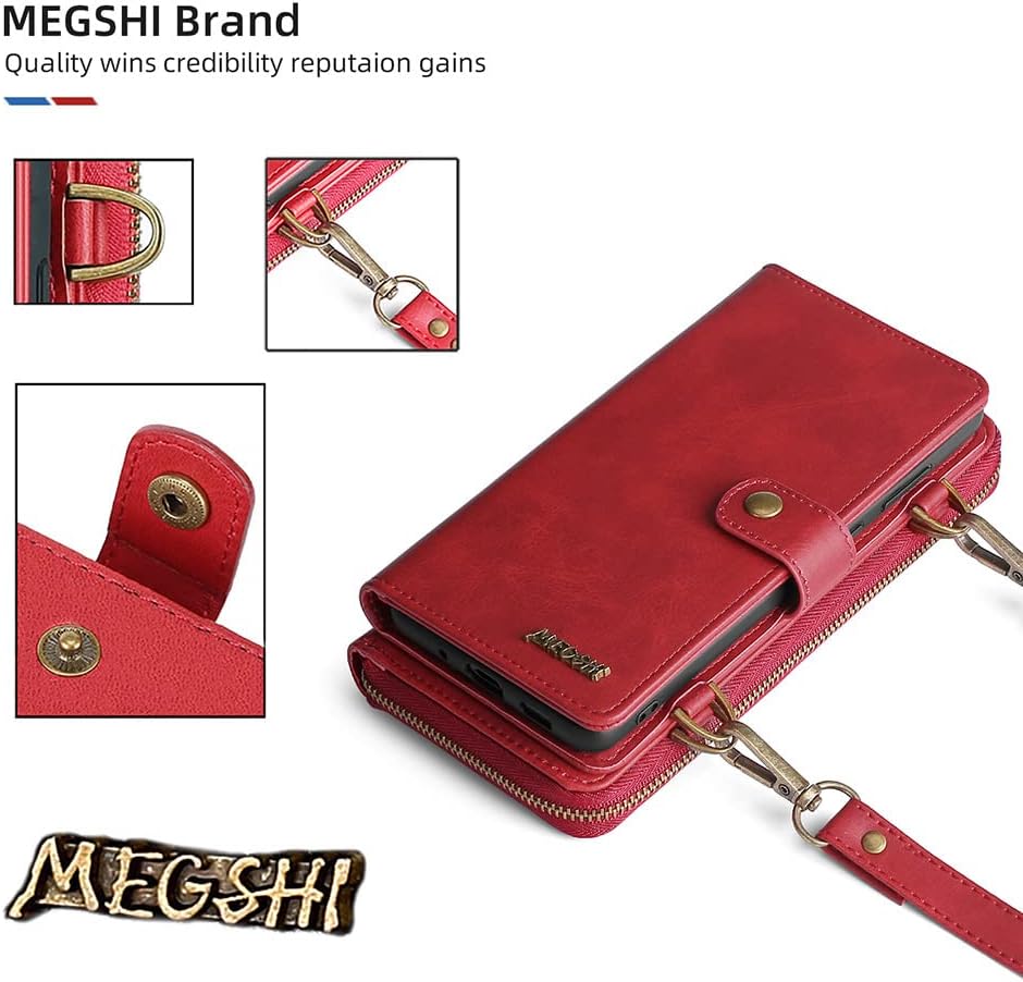 TwoHead for iPhone Wallet Case, Multi-Function Detachable 3 in 1 Magnetic Phone Case Wallet, Flip Strap Zipper Card Holder Phone Case with Shoulder Straps for iPhone