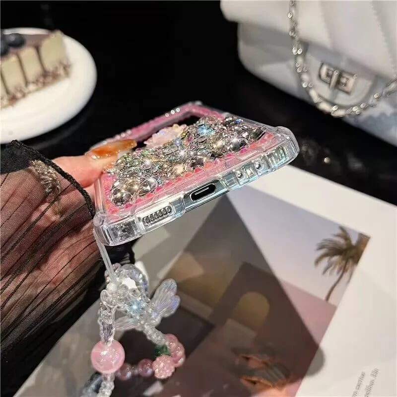 Flower butterfly diamond mobile phone case with bracelet for Galaxy Z Flip 3/Galaxy Z Flip 4/Galaxy Z Flip 5