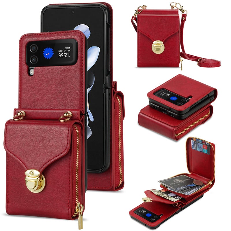 Mobile phone protective case with lanyard, crossbody, zipper card wallet for Galaxy Z Flip 3/Galaxy Z Flip 4/Galaxy Z Flip 5/Galaxy Z Flip 6