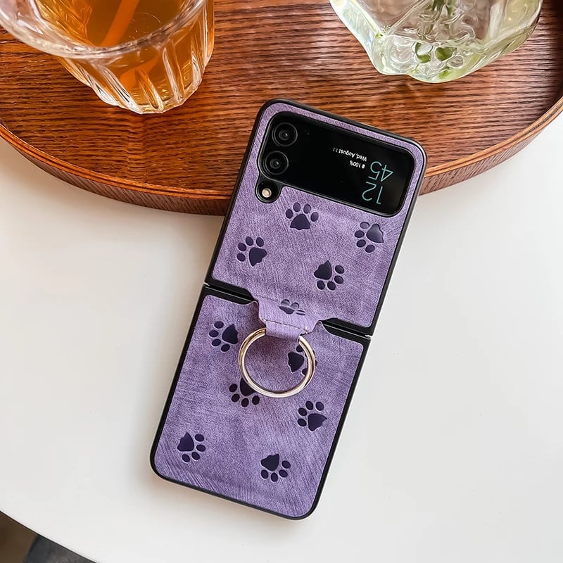Personalized leather texture cute cat paw pattern mobile phone case with finger ring buckle for Galaxy Z Flip 3/Galaxy Z Flip 4/Galaxy Z Flip 5/Galaxy Z Flip 6