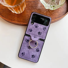 Personalized leather texture cute cat paw pattern mobile phone case with finger ring buckle for Galaxy Z Flip 3/Galaxy Z Flip 4/Galaxy Z Flip 5/Galaxy Z Flip 6