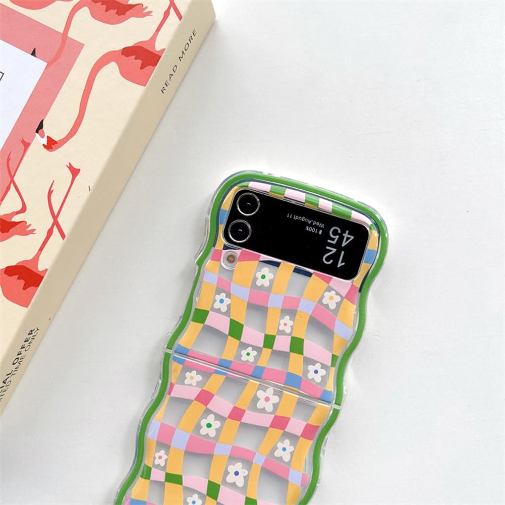 Cute Flower Case For Galaxy Z Flip 3/Galaxy Z Flip 4/Galaxy Z Flip 5/Galaxy Z Flip 6 – Checker and Daisy Print with Lovely Floral Beads Strap & Curly Wave Frame