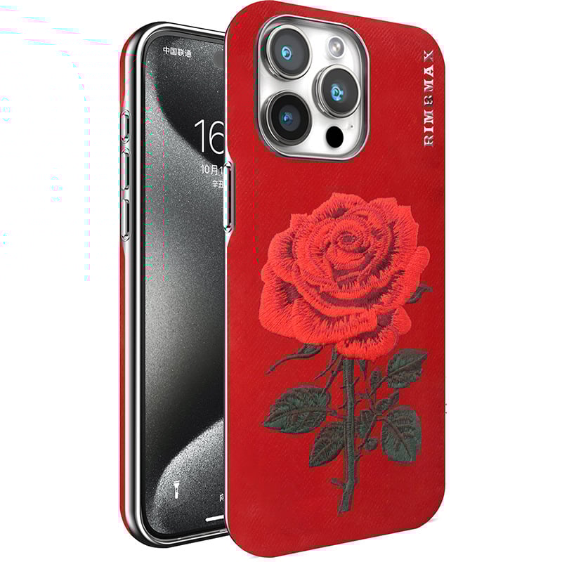 For iPhone Embroidery Phone Case Electroplated Rose Embroidery Leather Case