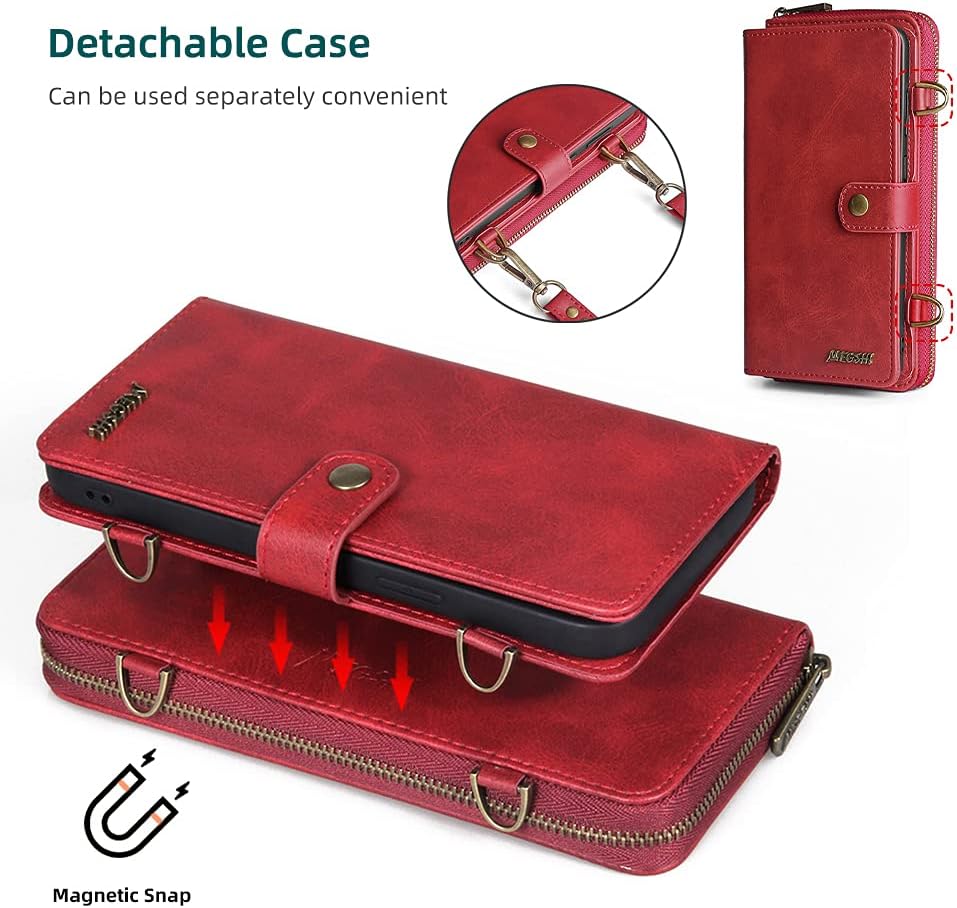 TwoHead for iPhone Wallet Case, Multi-Function Detachable 3 in 1 Magnetic Phone Case Wallet, Flip Strap Zipper Card Holder Phone Case with Shoulder Straps for iPhone