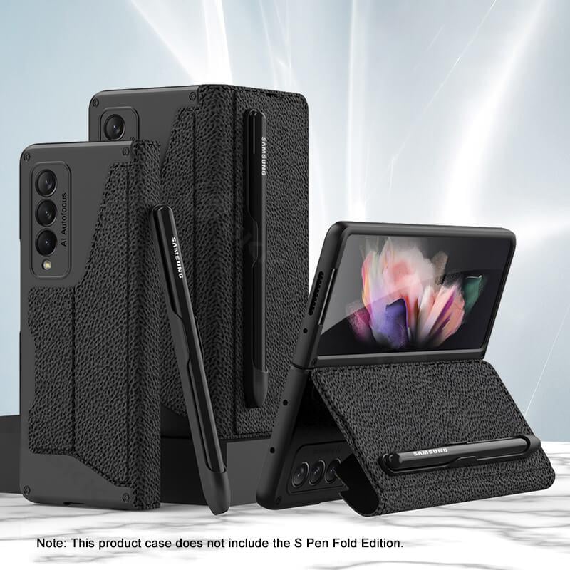 Leather Pen Holder Armor Back Case For Galaxy Z Fold 3/Galaxy Z Fold 4/Galaxy Z Fold 5/Galaxy Z Fold 6