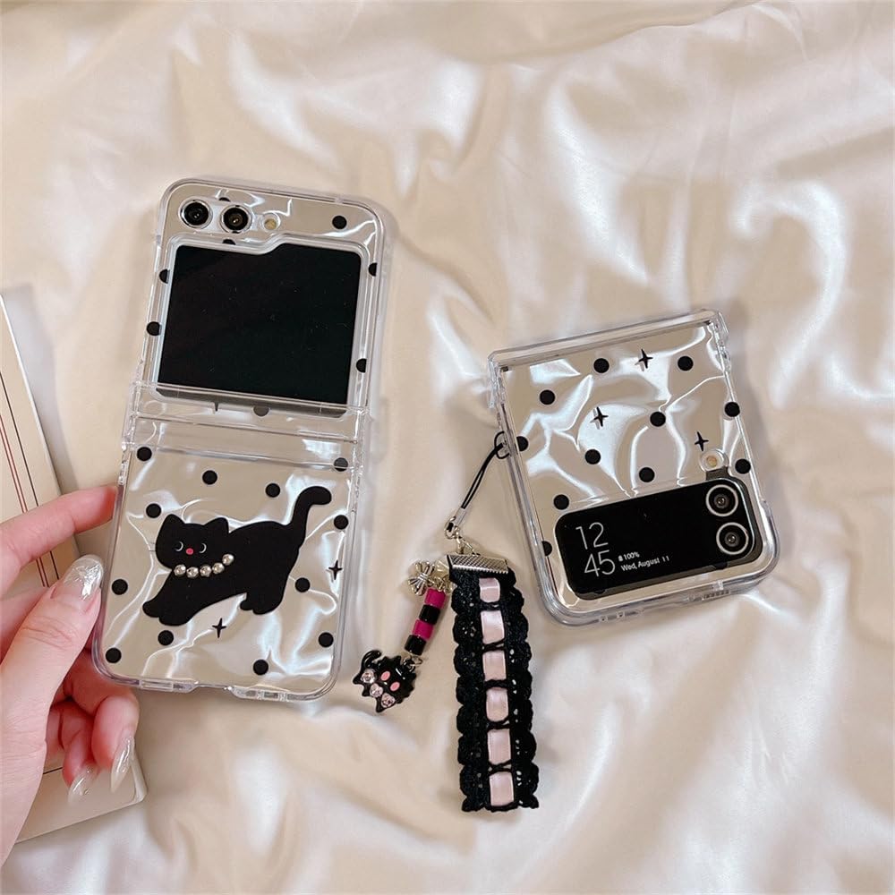 Simple cartoon polka dot black cat hard shell mobile phone case, suitable for Galaxy Z Flip 3/Galaxy Z Flip 4/Galaxy Z Flip 5/Galaxy Z Flip 6