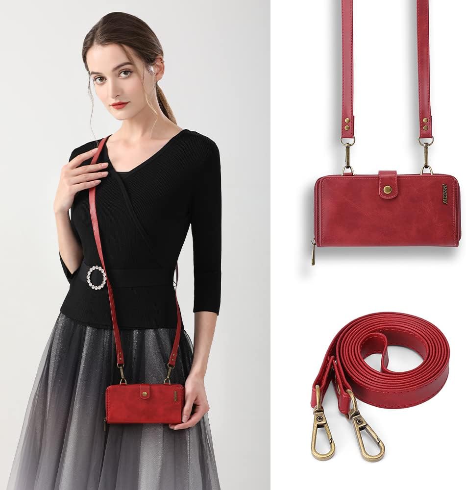 TwoHead for iPhone Wallet Case, Multi-Function Detachable 3 in 1 Magnetic Phone Case Wallet, Flip Strap Zipper Card Holder Phone Case with Shoulder Straps for iPhone