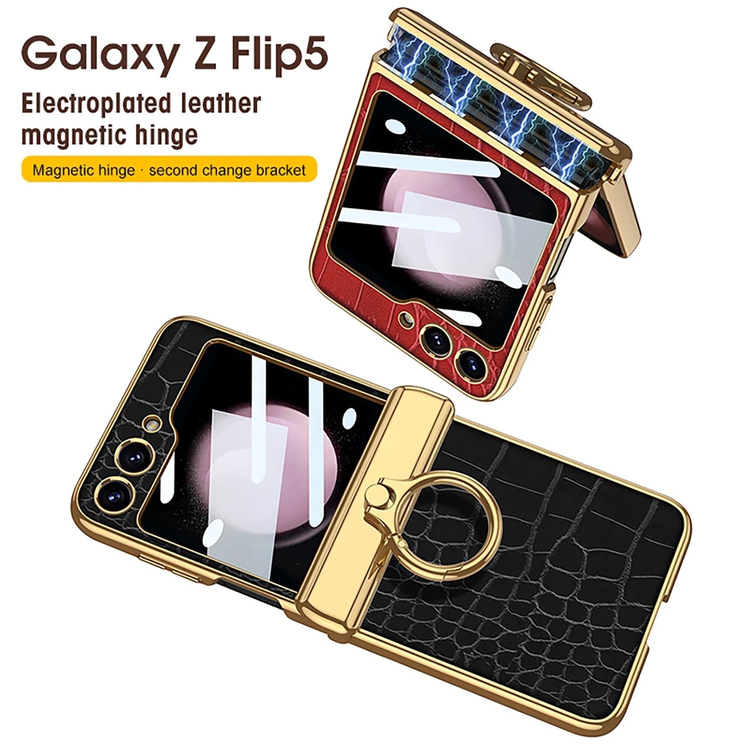 Magnetic hinge ring crocodile leather shell film full-cover protective case for Galaxy Z Flip 3/Galaxy Z Flip 4/Galaxy Z Flip 5/Galaxy Z Flip 6