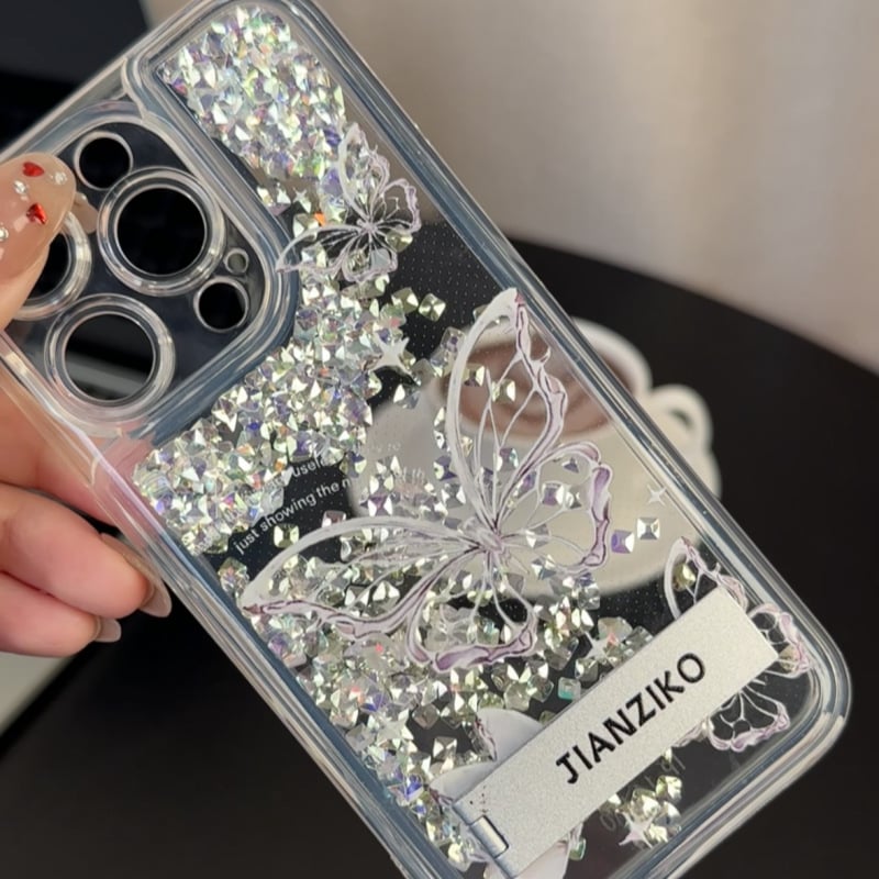 Riot Silver Butterfly Phone Case, Big Hole Diamond Quicksand Stand Case