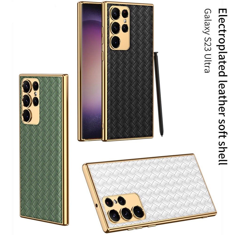 Electroplated Leather Luxury Alloy Lens Protection Soft Cover for Samsung Galaxy S23 S24 Series(Only Case)