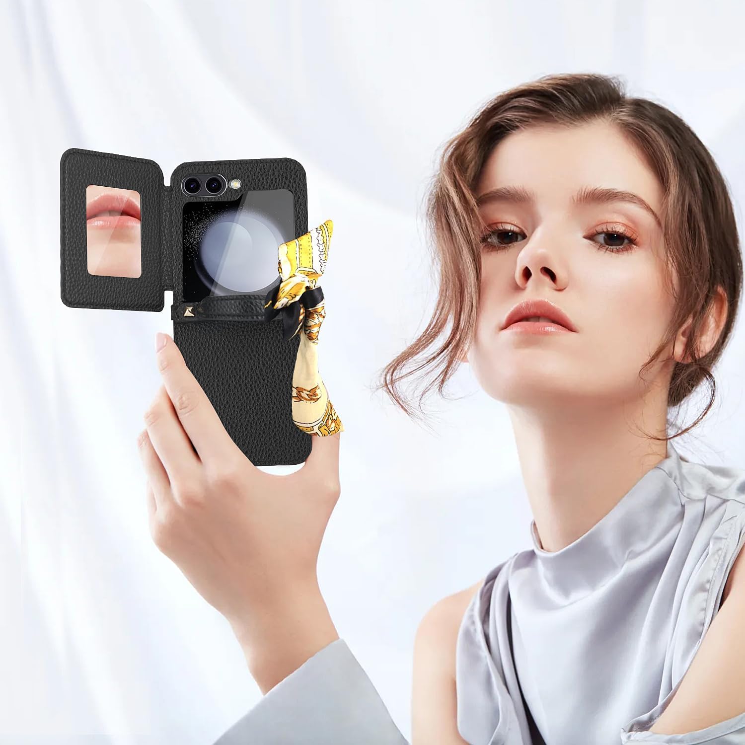 Mobile phone case for Galaxy Z Flip 3 / Galaxy Z Flip 4 / Galaxy Z Flip 5 / Galaxy Z Flip 6, mobile phone leather case with mirror and scarf
