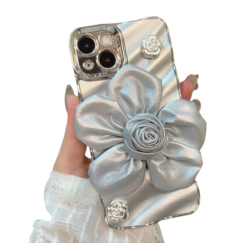 SentimentvalueTM Silver-plated Three-dimensional Leather Rose Flower Mobile Phone Case For iPhone 16 15 14 13 12 Series