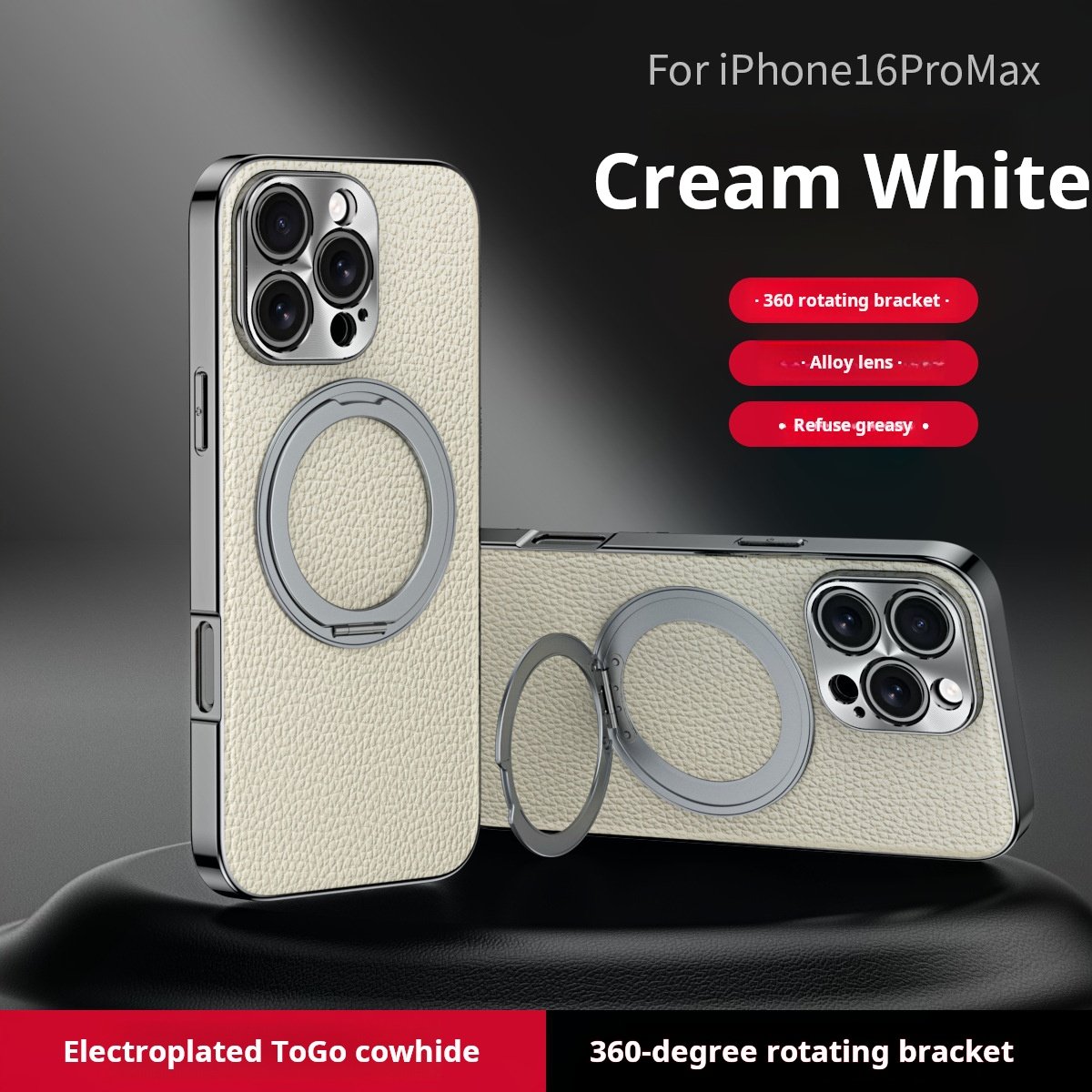 Genuine Togo Cowhide Leather Magsafe Case For iPhone 16 15 14 Series Ring Bracket Cover