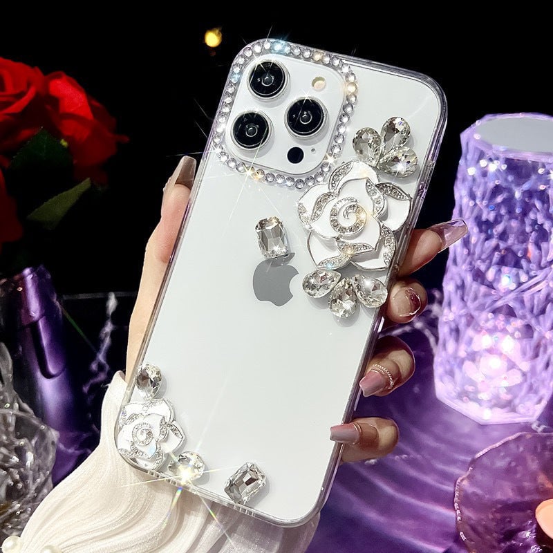Hollow Rhinestone Rose Mobile Phone Case For iPhone 16 15 14 13 12 11 Series
