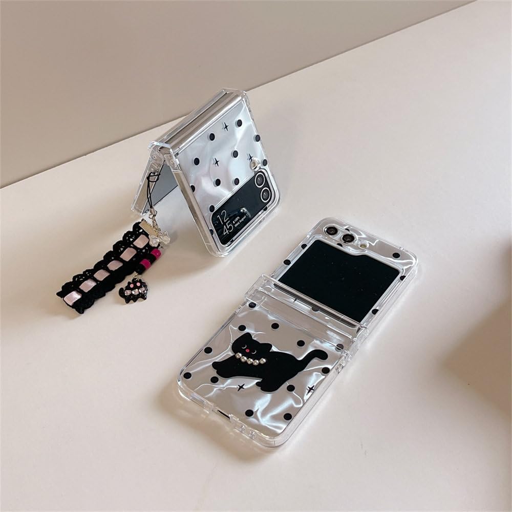 Simple cartoon polka dot black cat hard shell mobile phone case, suitable for Galaxy Z Flip 3/Galaxy Z Flip 4/Galaxy Z Flip 5/Galaxy Z Flip 6