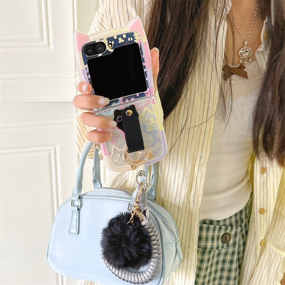 Cute 3D Cat Ear Graffiti Cat Phone Case, Suitable for Galaxy Z Flip 3/Galaxy Z Flip 4/Galaxy Z Flip 5/Galaxy Z Flip 6