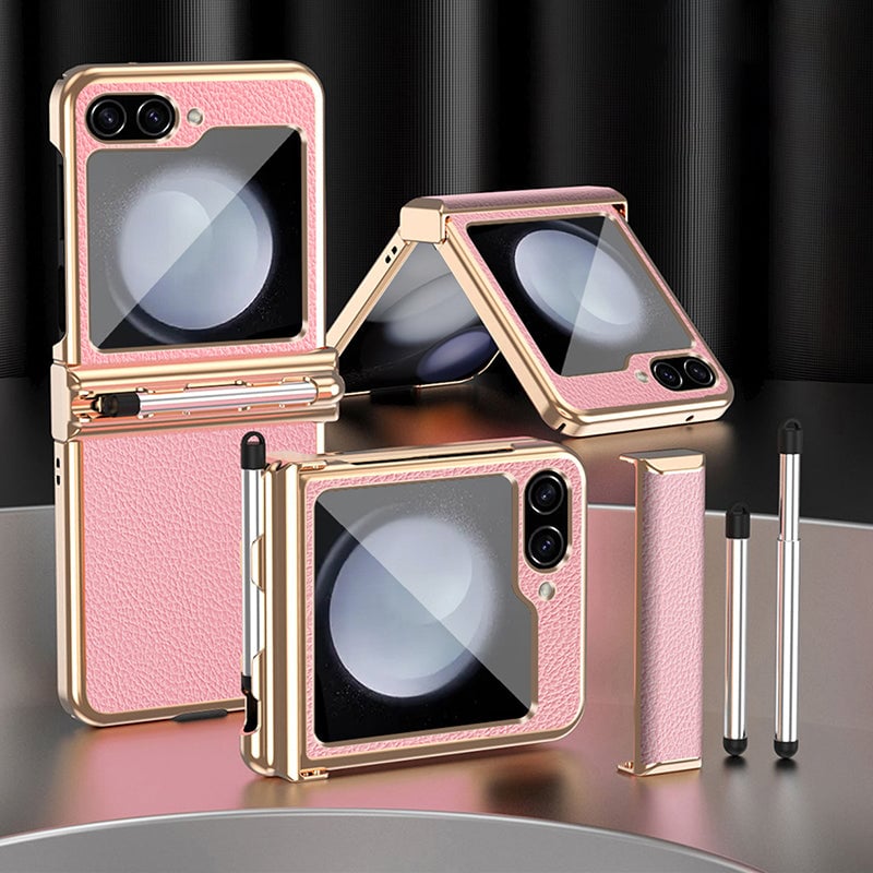 Galaxy Z Flip 3/Galaxy Z Flip 4/Galaxy Z Flip 5/Galaxy Z Flip 6 | Electroplated Leather Pen Tray Hinged Phone Case(Bring Pen)