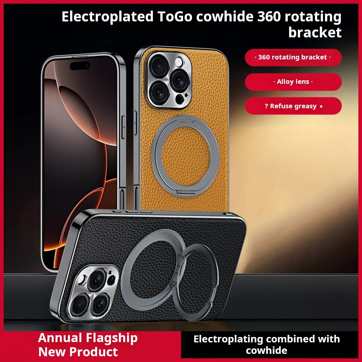 Genuine Togo Cowhide Leather Magsafe Case For iPhone 16 15 14 Series Ring Bracket Cover