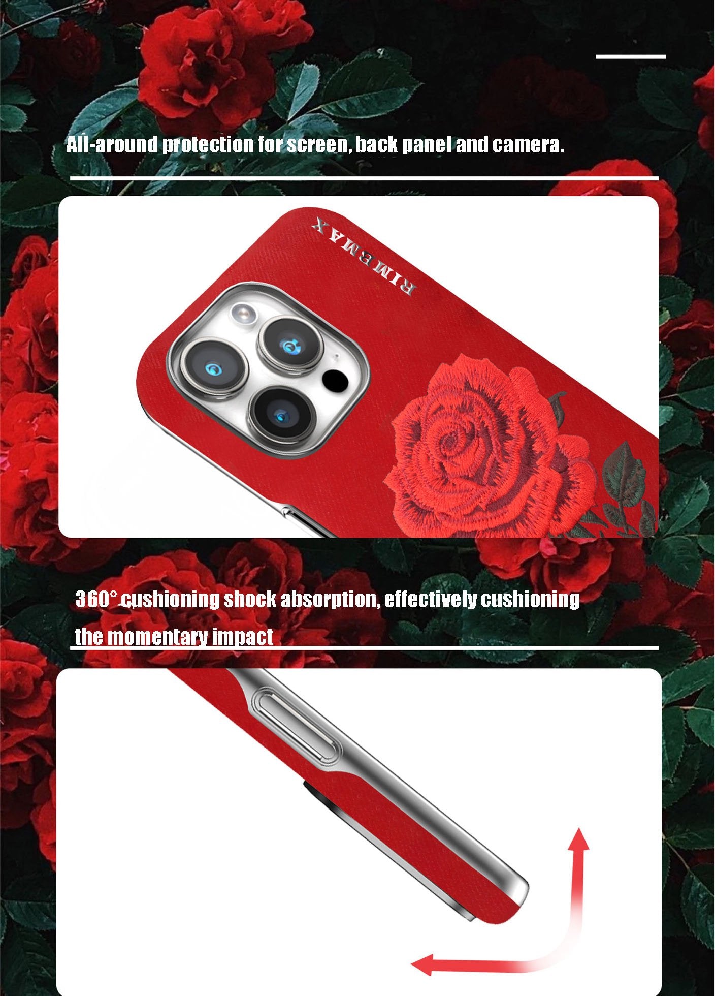 For iPhone Embroidery Phone Case Electroplated Rose Embroidery Leather Case