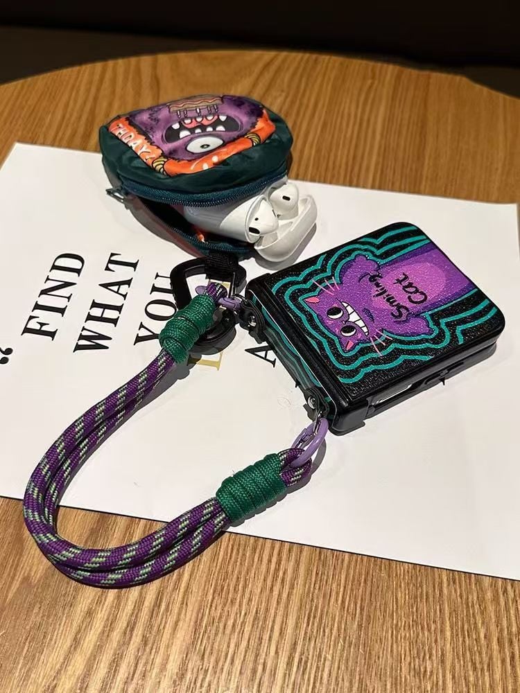 Funny Purple Cat Phone Case With Hand Strap And Big-Eyed Beast Green Wallet, Suitable For Galaxy Z Flip 3/Galaxy Z Flip 4/Galaxy Z Flip 5/Galaxy Z Flip 6