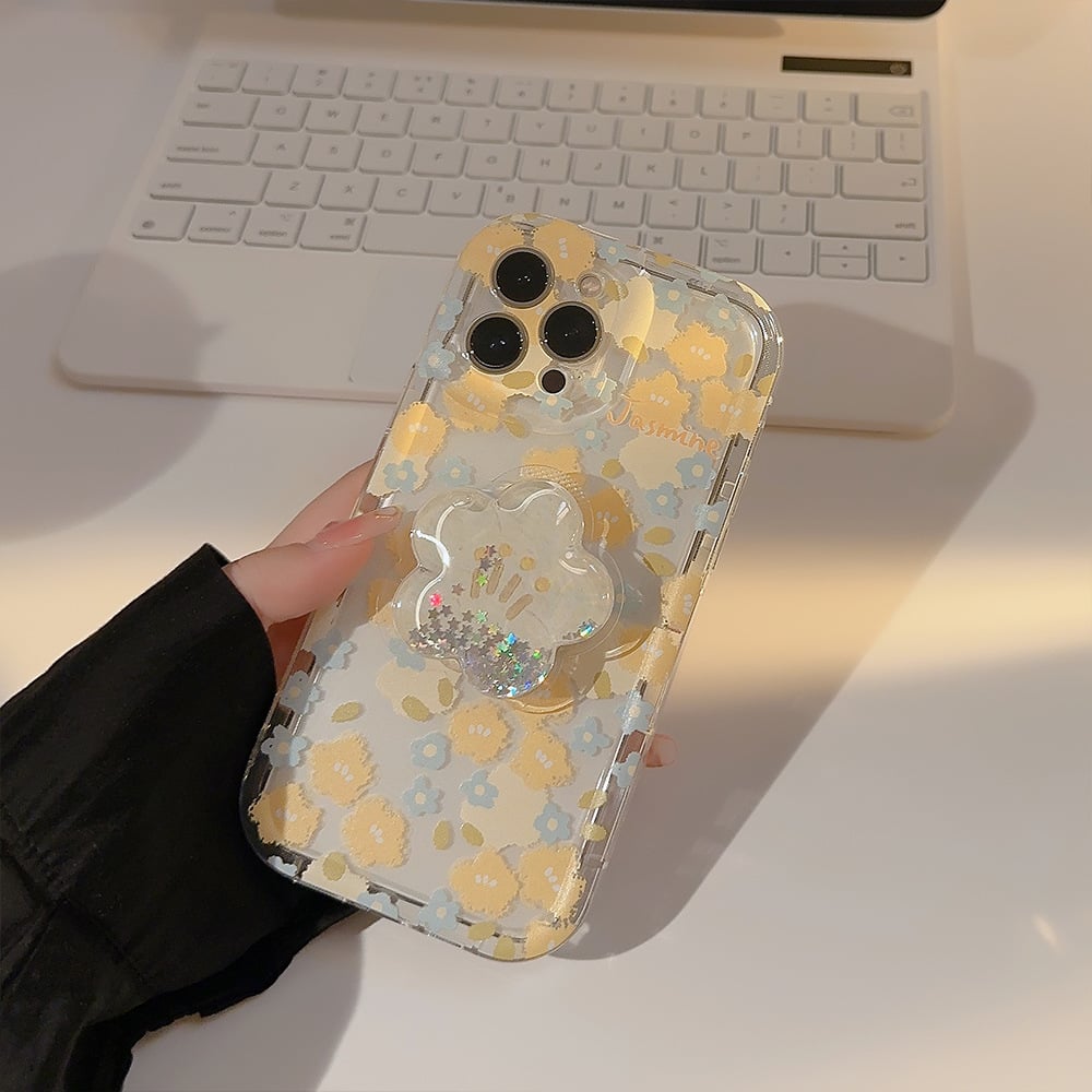 Floral Mobile Phone Case For iPhone 16/15/14/13/12/11 Series With Flower-shaped Quicksand Stand
