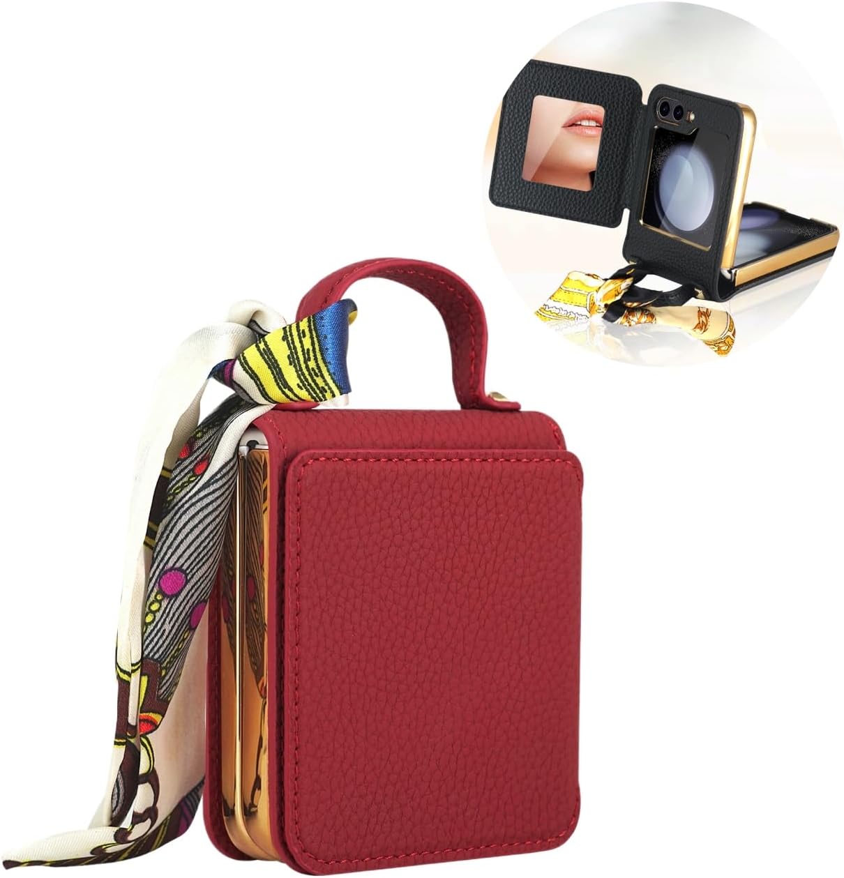 Mobile phone case for Galaxy Z Flip 3 / Galaxy Z Flip 4 / Galaxy Z Flip 5 / Galaxy Z Flip 6, mobile phone leather case with mirror and scarf