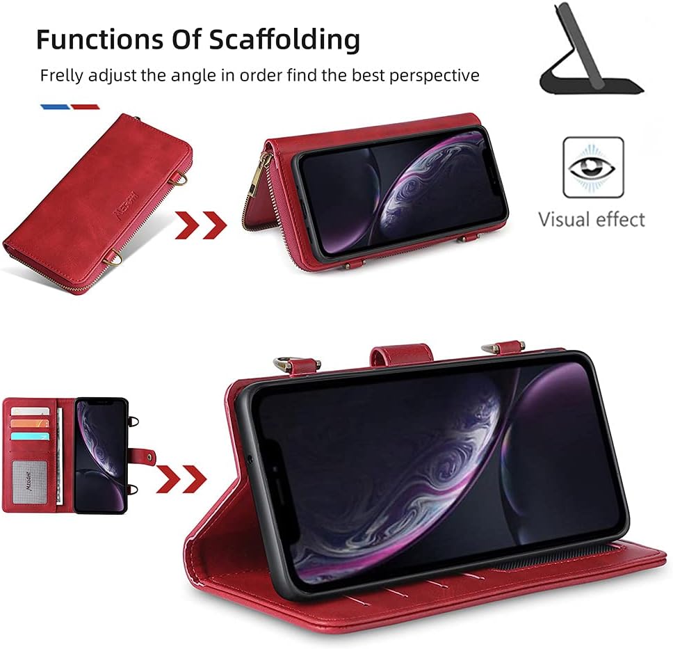 TwoHead for iPhone Wallet Case, Multi-Function Detachable 3 in 1 Magnetic Phone Case Wallet, Flip Strap Zipper Card Holder Phone Case with Shoulder Straps for iPhone