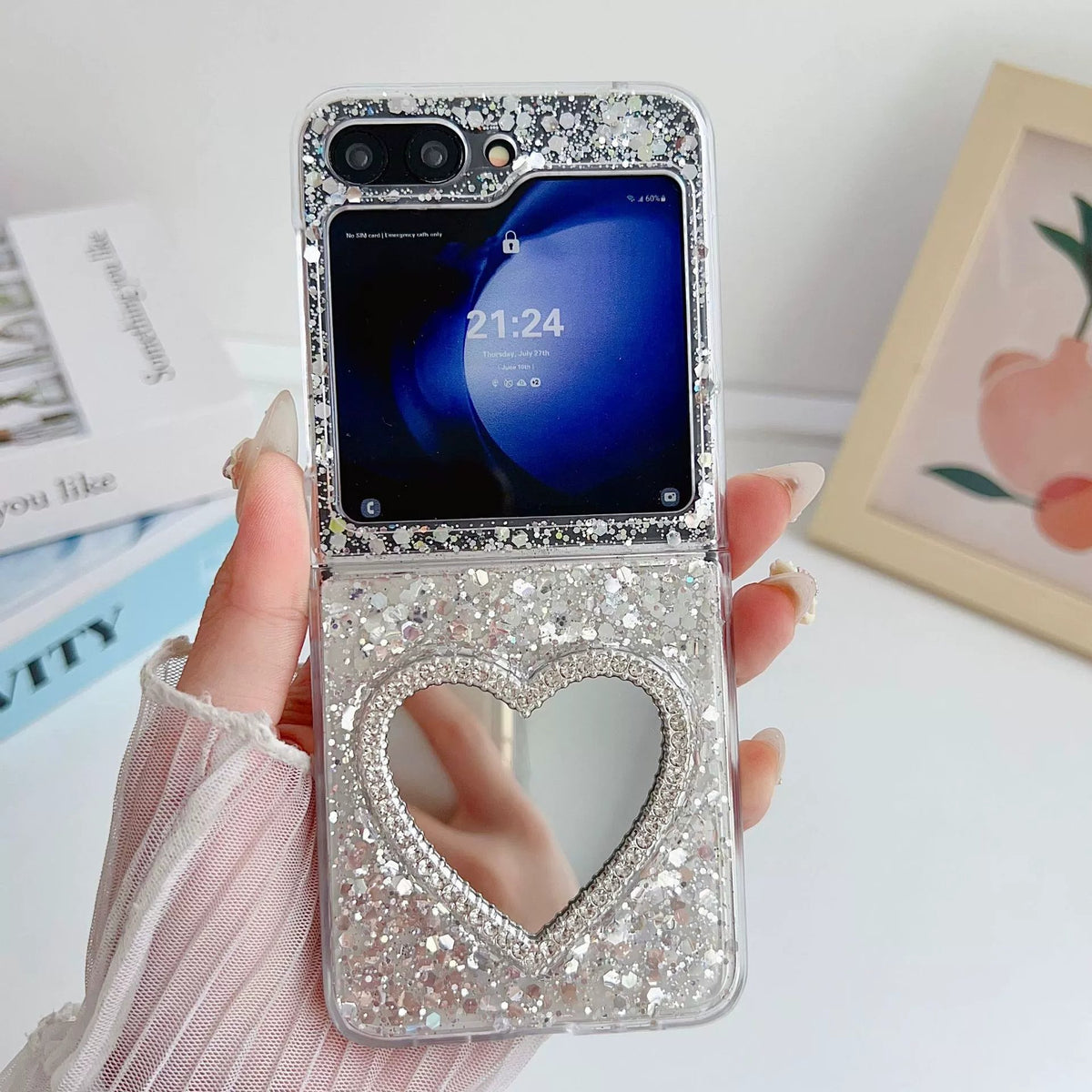 Silver Sequin Heart Mirror Phone Case For Galaxy Z Flip 3/Galaxy Z Flip 4/Galaxy Z Flip 5/Galaxy Z Flip 6