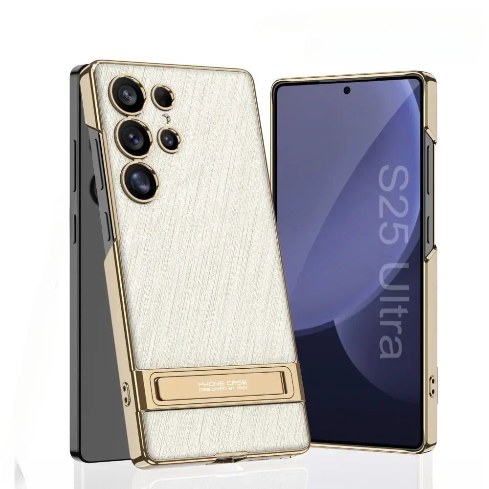 Electroplated Stand For Samsung Galaxy S25 S24 S23 Ultra Gold Wire Silver Brocade Leather Anti-Fall Protective Case(Only Case)