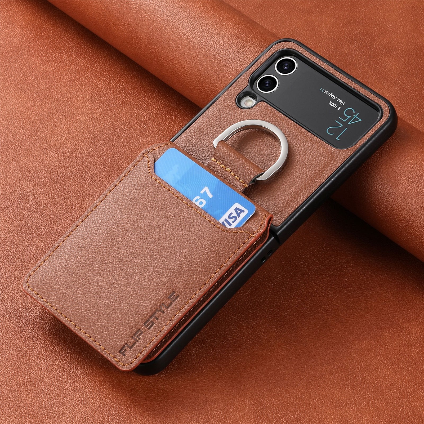 SentimentvalueTM Leather Case with Card Holder and Metal Ring for Galaxy Z Flip 3/Galaxy Z Flip 4/Galaxy Z Flip 5/Galaxy Z Flip 6