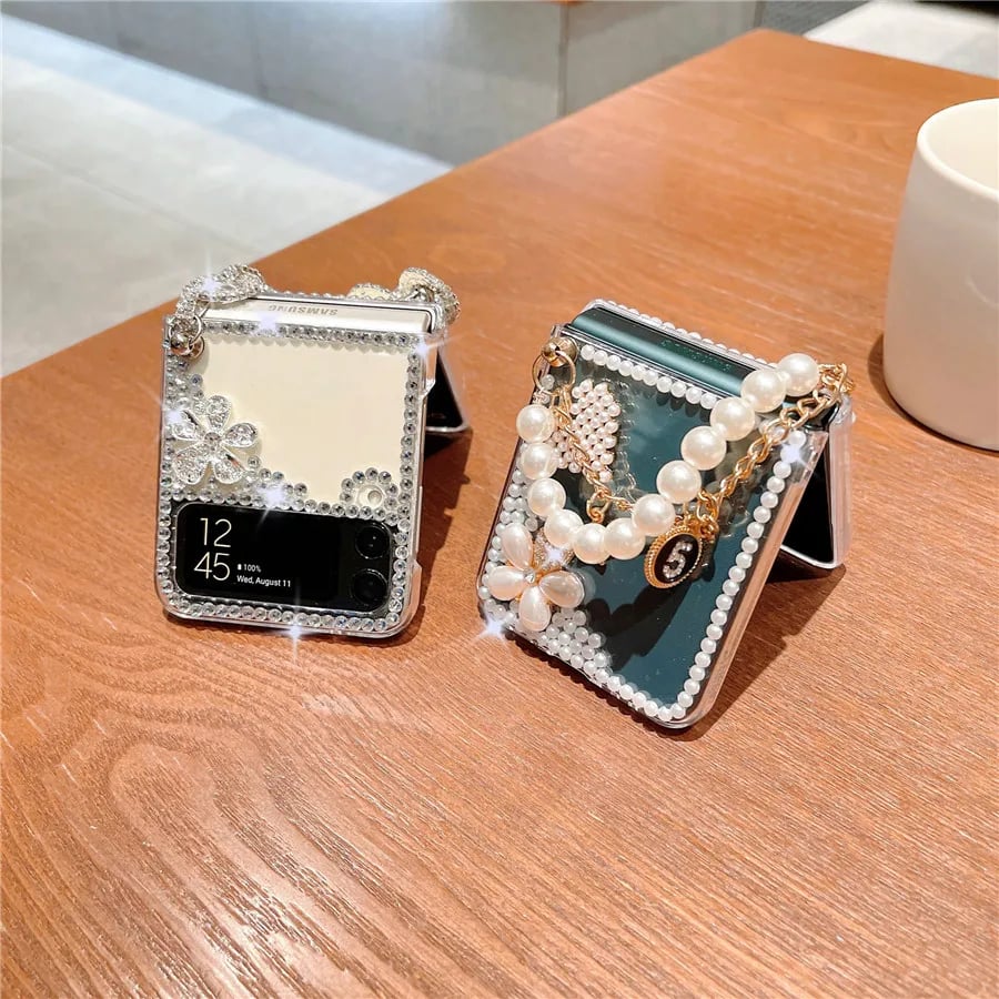 Glitter Rhinestone Flower and Luxury Pearl Flower Phone Case for Galaxy Z Flip 3/Galaxy Z Flip 4/Galaxy Z Flip 5/Galaxy Z Flip 6 with Bracelet