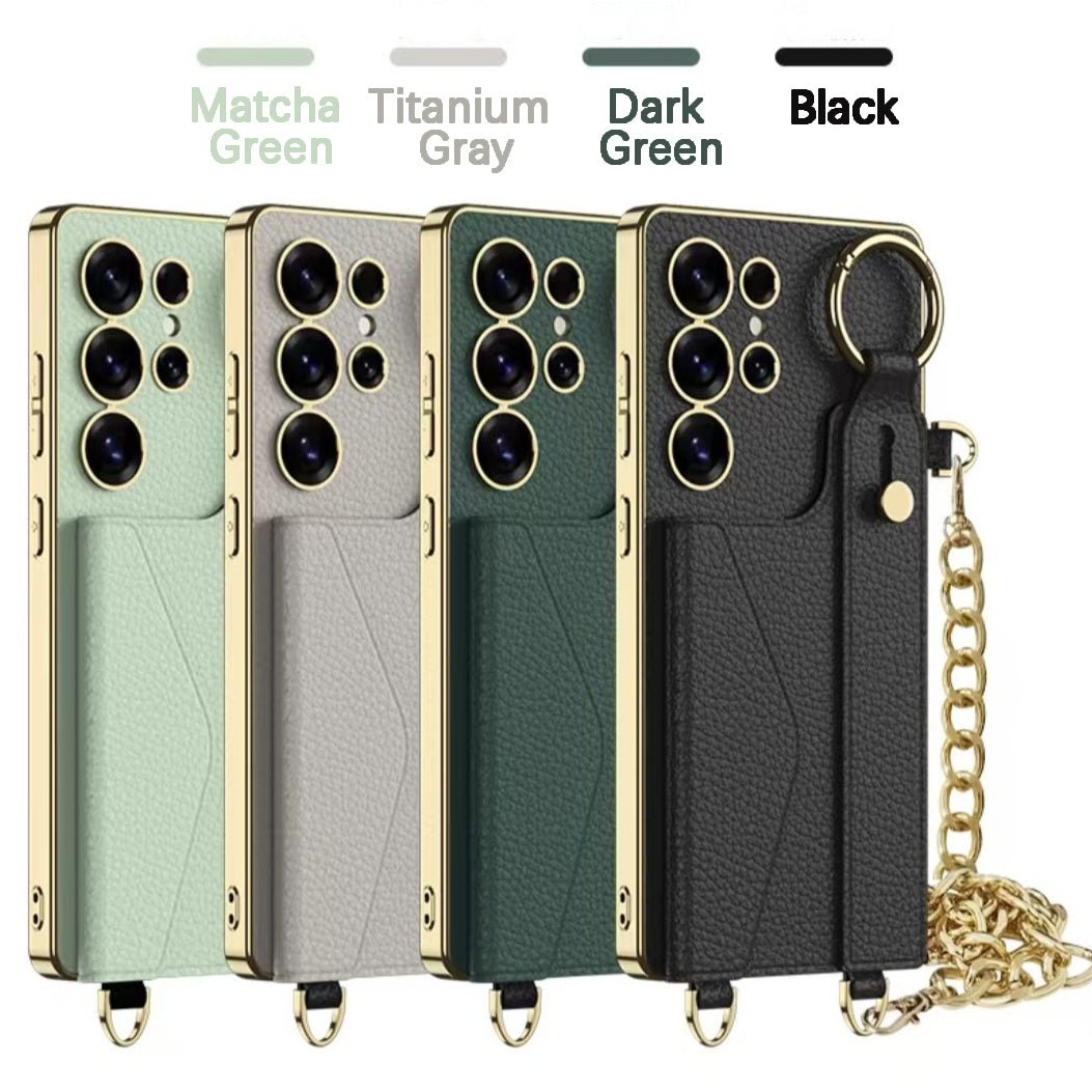 Suitable For Samsung Galaxy S25 S24 S23 Ultra Electroplated Leather Wristband Card Holder Mobile Phone Case