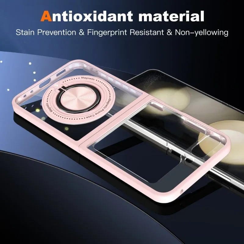 Transparent phone case with 360° rotating ring stand and magnetic wireless charging support for Galaxy Z Flip 5 and Galaxy Z Flip 6