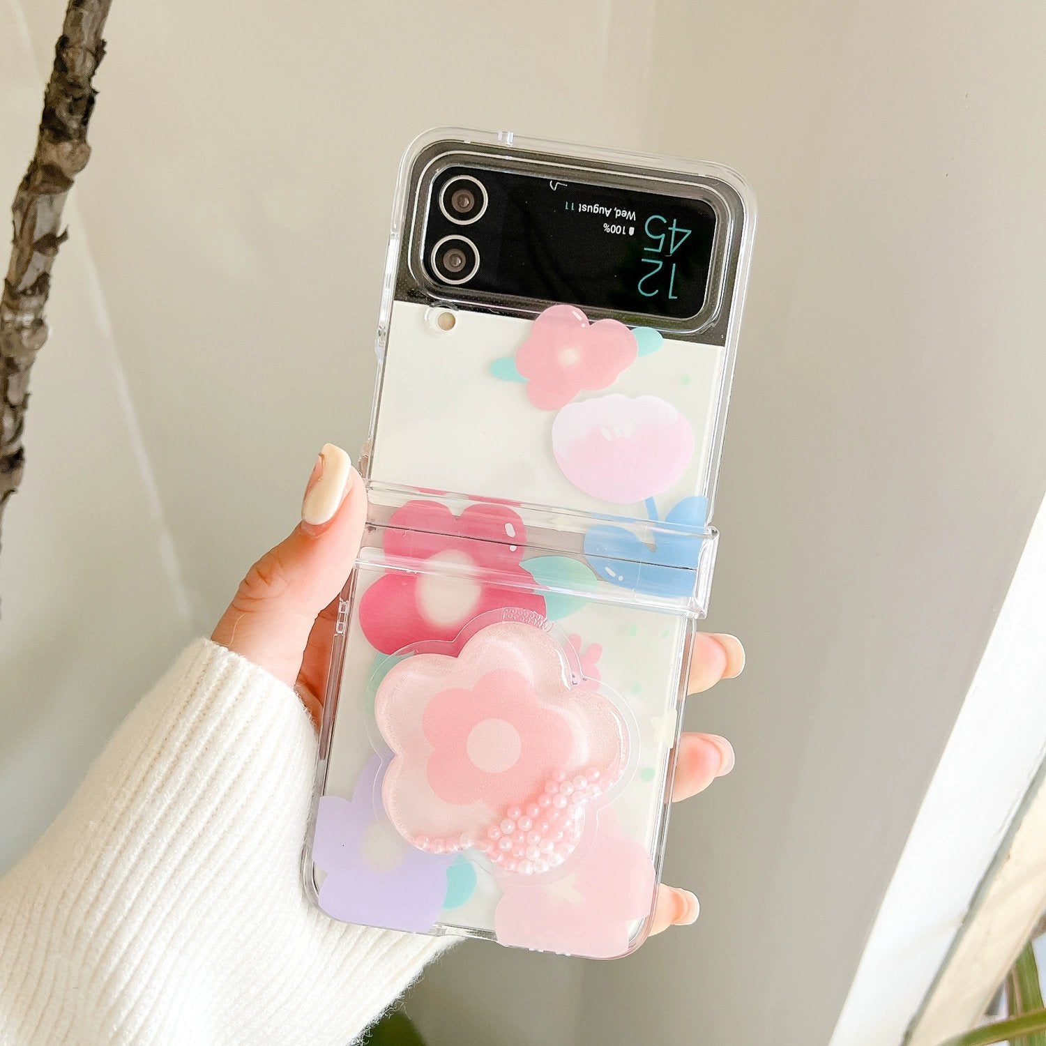 Pink and Yellow Flower Protective Case With Quicksand Stand For Galaxy Z Flip 3/Galaxy Z Flip 4/Galaxy Z Flip 5/Galaxy Z Flip 6