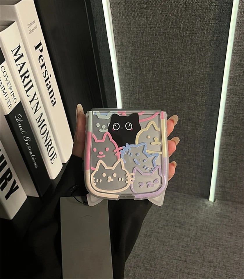 Cute 3D Cat Ear Graffiti Cat Phone Case, Suitable for Galaxy Z Flip 3/Galaxy Z Flip 4/Galaxy Z Flip 5/Galaxy Z Flip 6