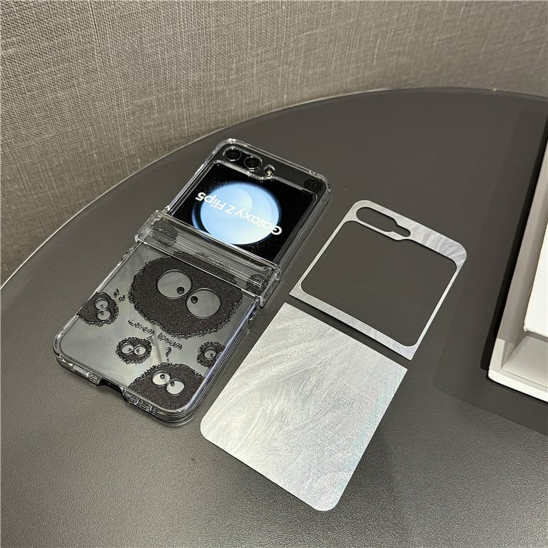 Cute coal briquette phone case with feather cardboard, suitable for Galaxy Z Flip 3/Galaxy Z Flip 4/Galaxy Z Flip 5/Galaxy Z Flip 6