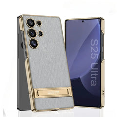 Electroplated Stand For Samsung Galaxy S25 S24 S23 Ultra Gold Wire Silver Brocade Leather Anti-Fall Protective Case(Only Case)
