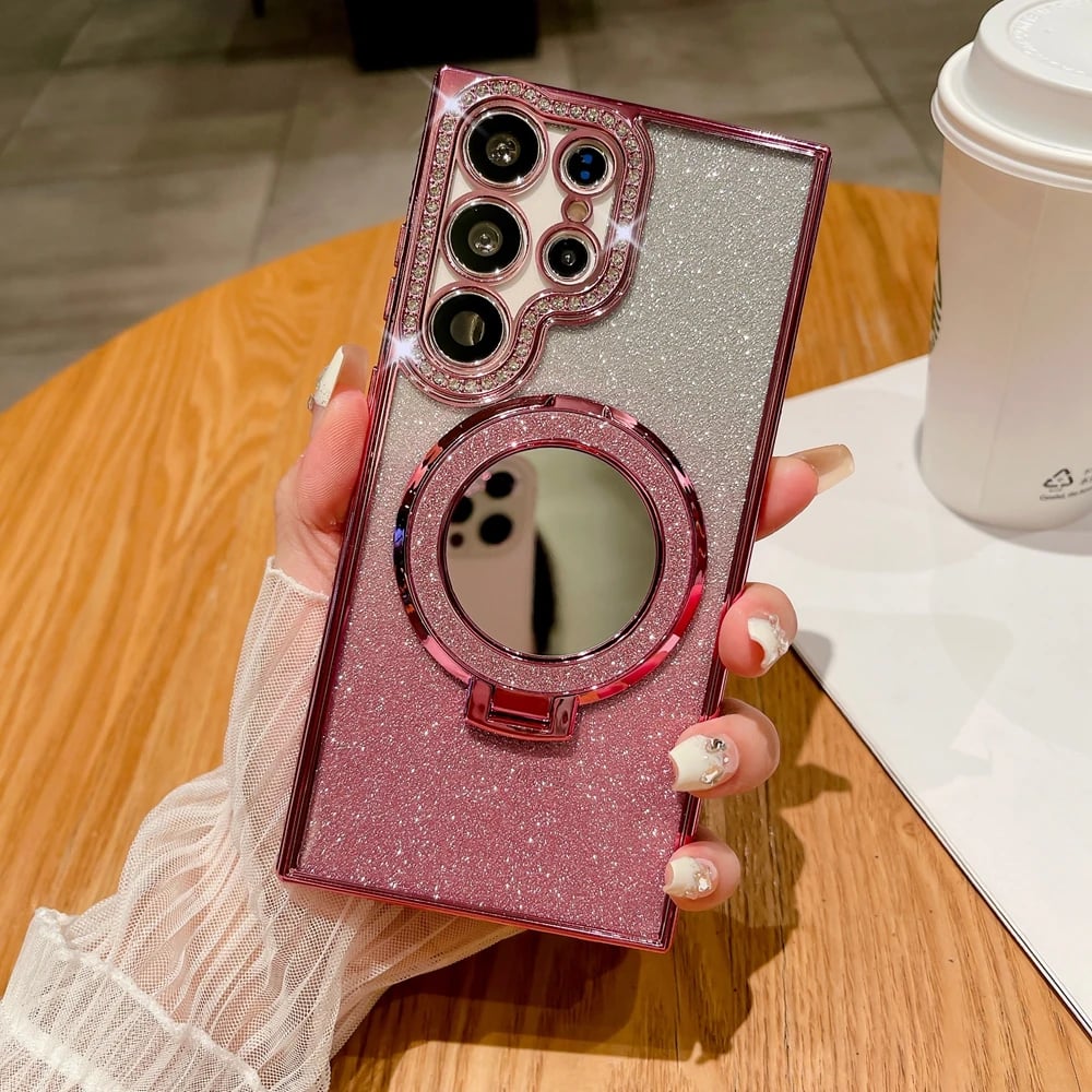 Luxury Glitter Mirror Magnetic Ring Holder Case For Samsung Galaxy S25 S24 S23 S22 Plus Ultra