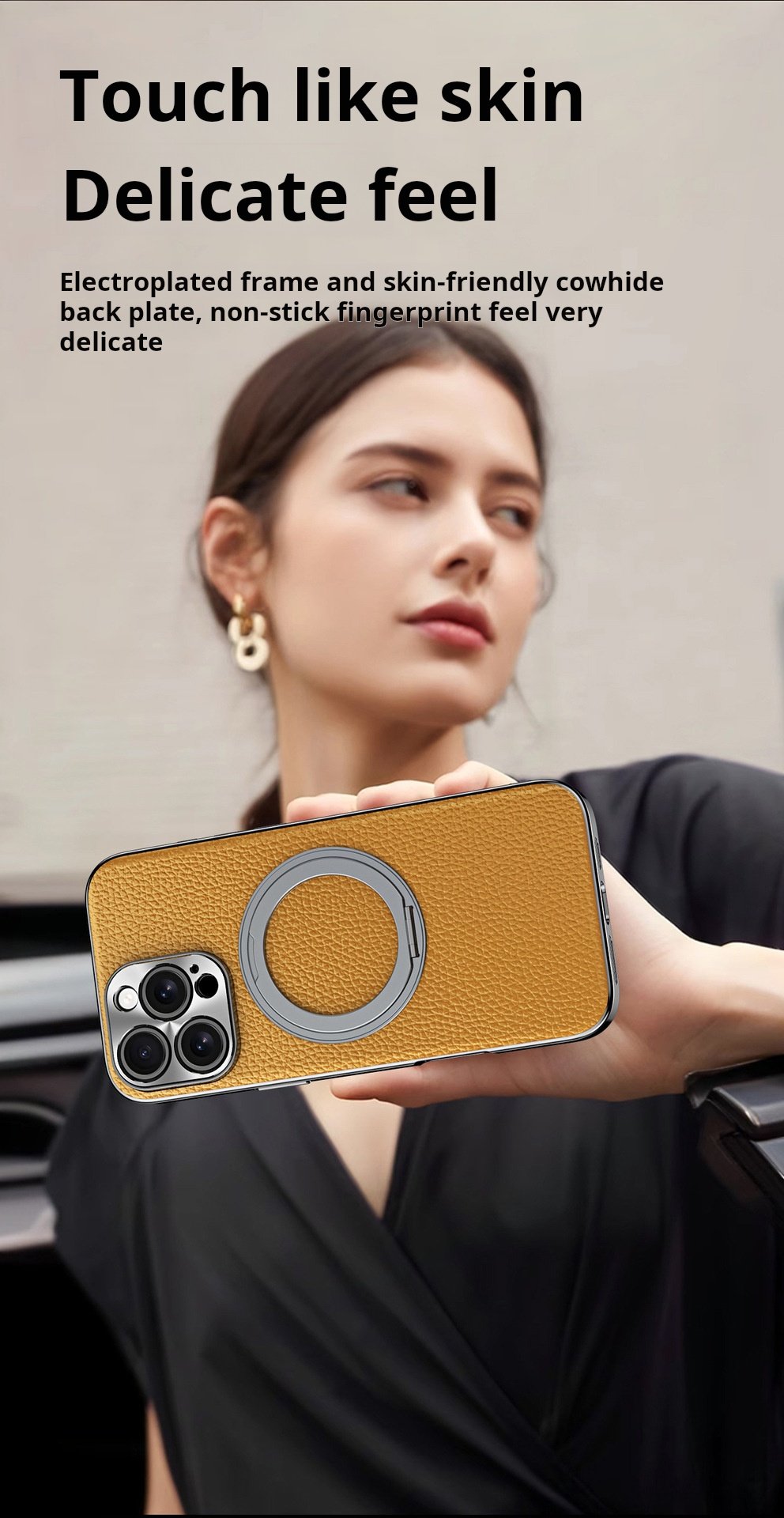 Genuine Togo Cowhide Leather Magsafe Case For iPhone 16 15 14 Series Ring Bracket Cover