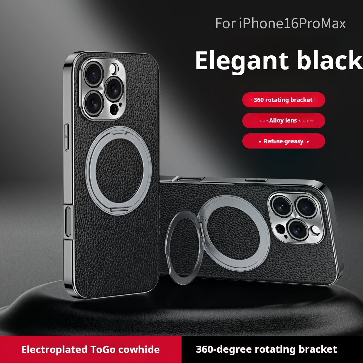 Genuine Togo Cowhide Leather Magsafe Case For iPhone 16 15 14 Series Ring Bracket Cover