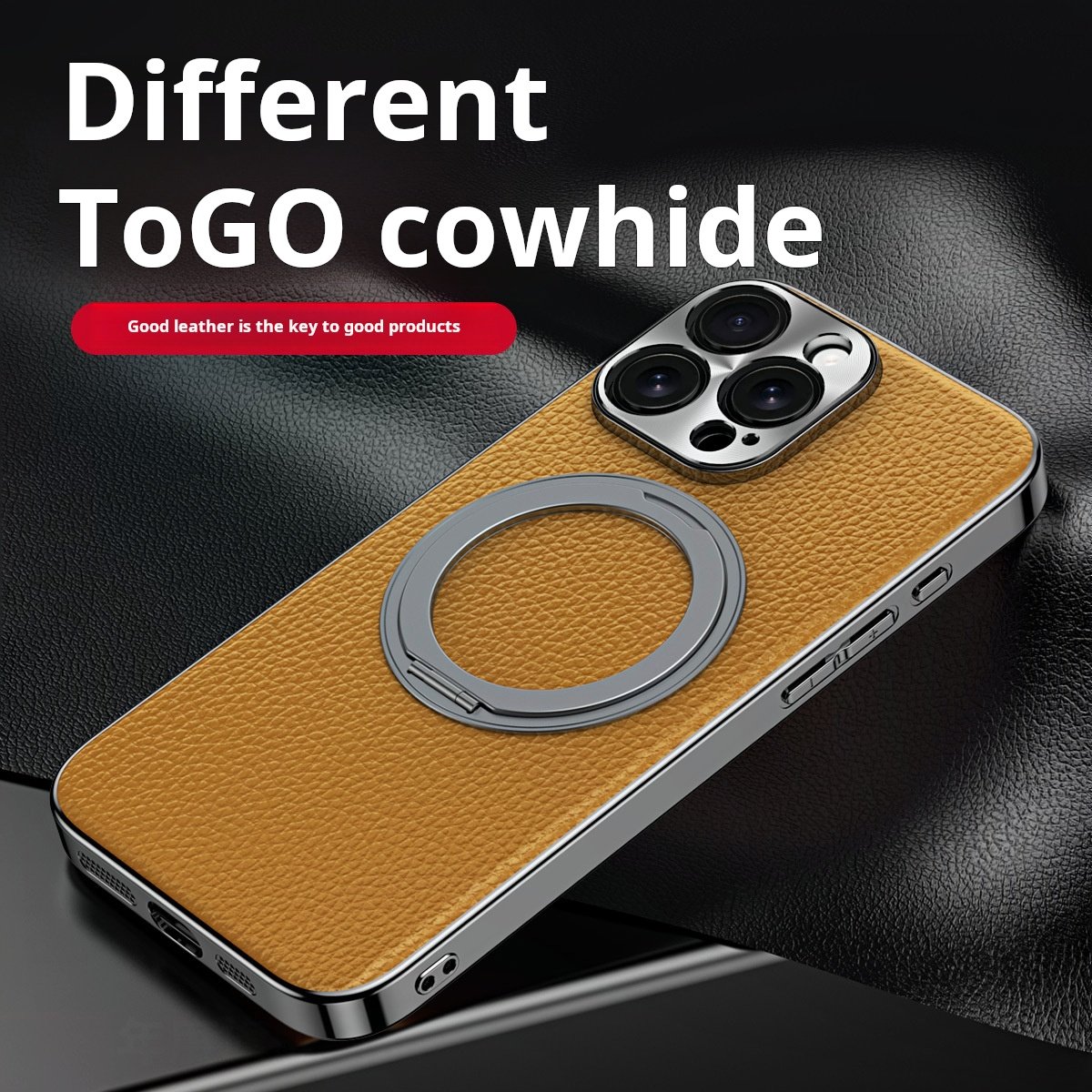 Genuine Togo Cowhide Leather Magsafe Case For iPhone 16 15 14 Series Ring Bracket Cover