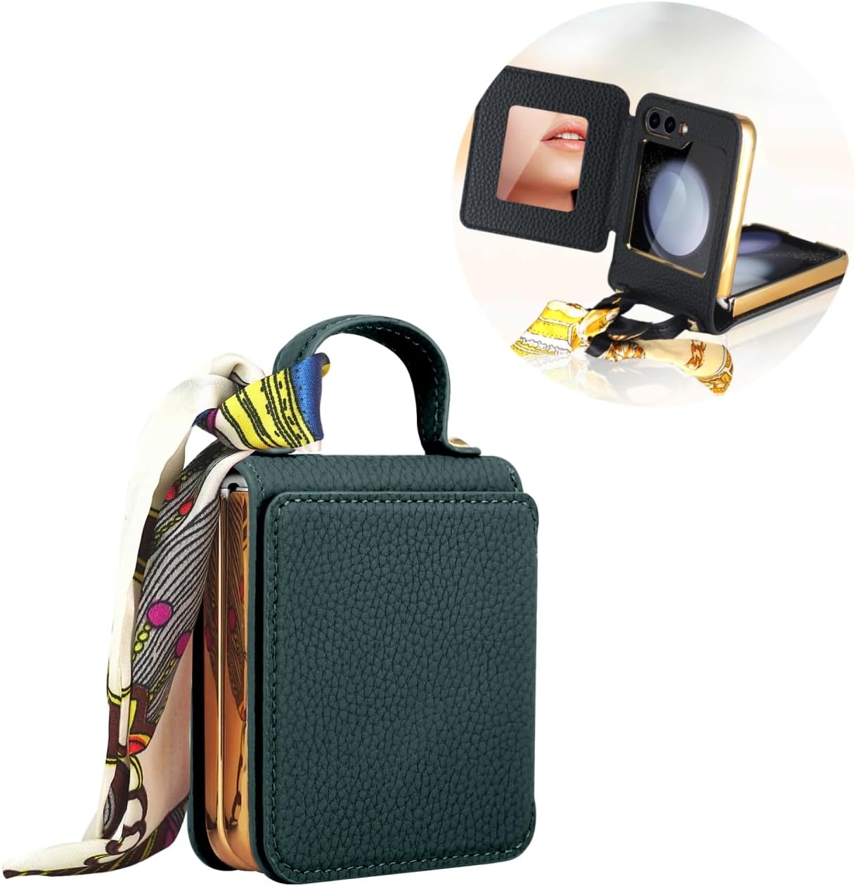 Mobile phone case for Galaxy Z Flip 3 / Galaxy Z Flip 4 / Galaxy Z Flip 5 / Galaxy Z Flip 6, mobile phone leather case with mirror and scarf