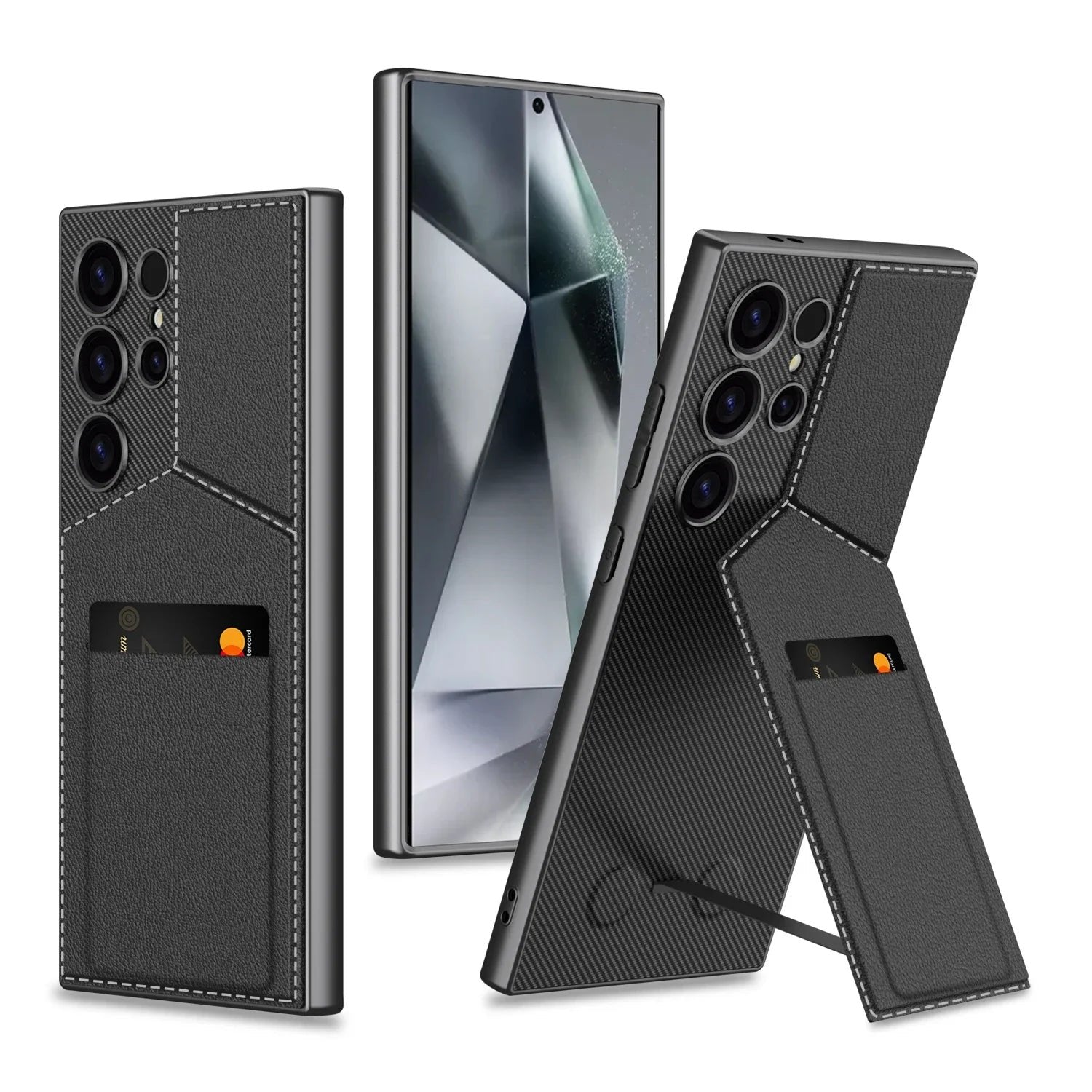 Armor Leather Card Holder Case with Magnetic Fold Bracket for Samsung Galaxy S24 Ultra