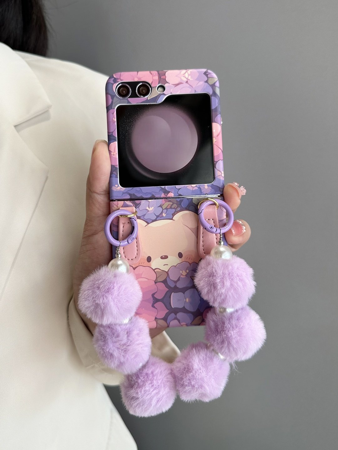 Purple Bear Phone Case with Plush Bracelet For Galaxy Z Flip 3/Galaxy Z Flip 4/Galaxy Z Flip 5