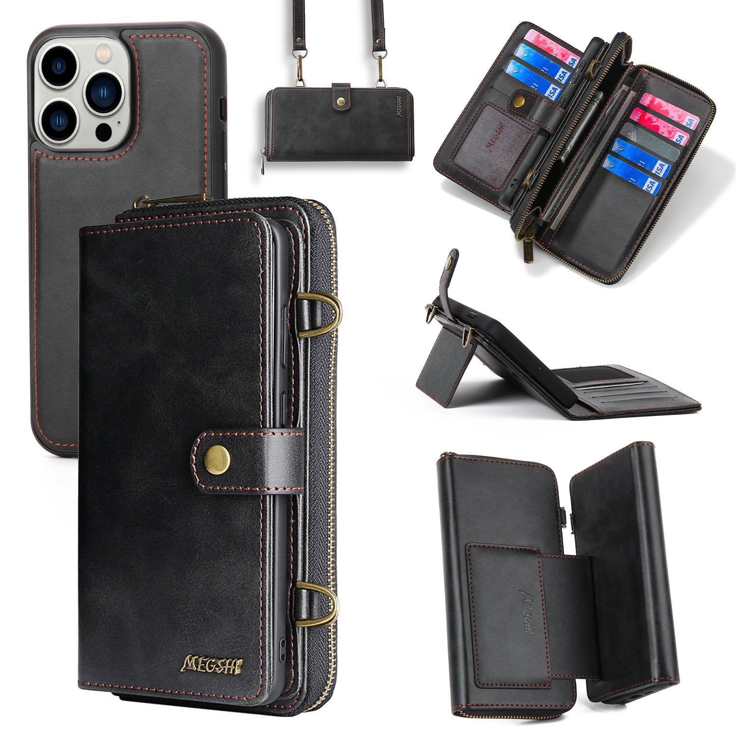 TwoHead for iPhone Wallet Case, Multi-Function Detachable 3 in 1 Magnetic Phone Case Wallet, Flip Strap Zipper Card Holder Phone Case with Shoulder Straps for iPhone