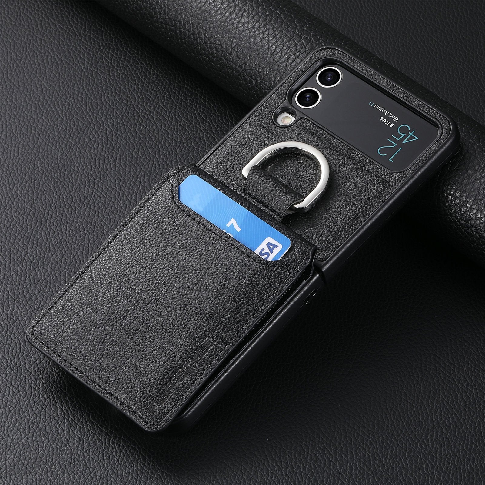 SentimentvalueTM Leather Case with Card Holder and Metal Ring for Galaxy Z Flip 3/Galaxy Z Flip 4/Galaxy Z Flip 5/Galaxy Z Flip 6