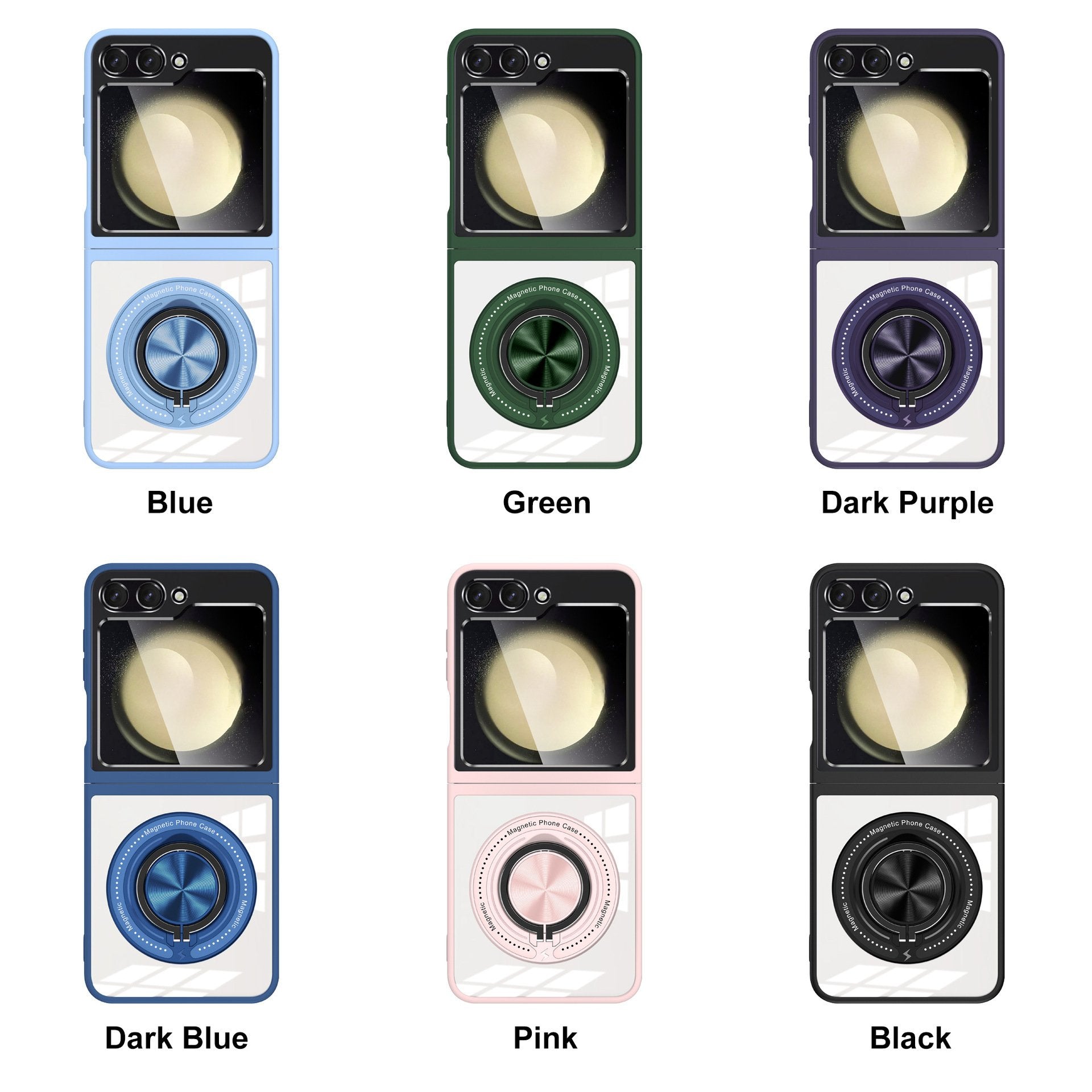 Transparent phone case with 360° rotating ring stand and magnetic wireless charging support for Galaxy Z Flip 5 and Galaxy Z Flip 6
